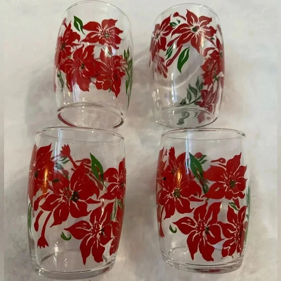 Vintage Pointsetta Christmas Juice Glass Set of Five Holiday Glasses Party EUC - Picture 2 of 12